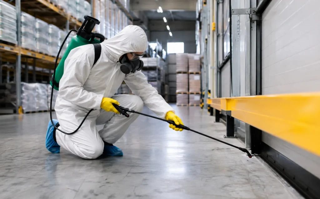 Technik DDD wykonujący oprysk w magazynie przemysłowym